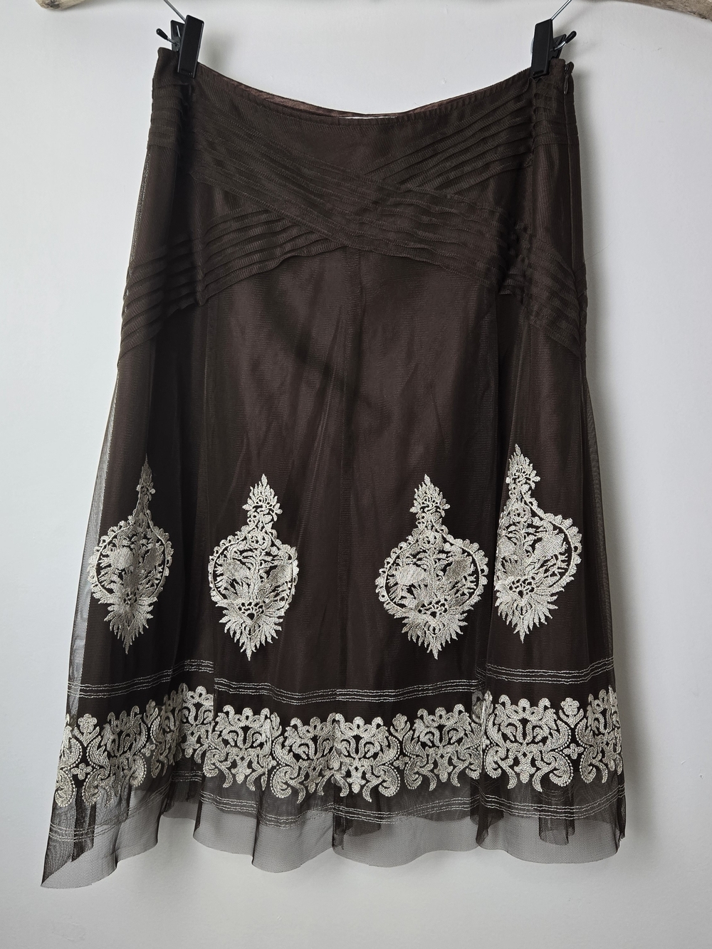Brown A-Line Skirt with Cream Embroidered Hem